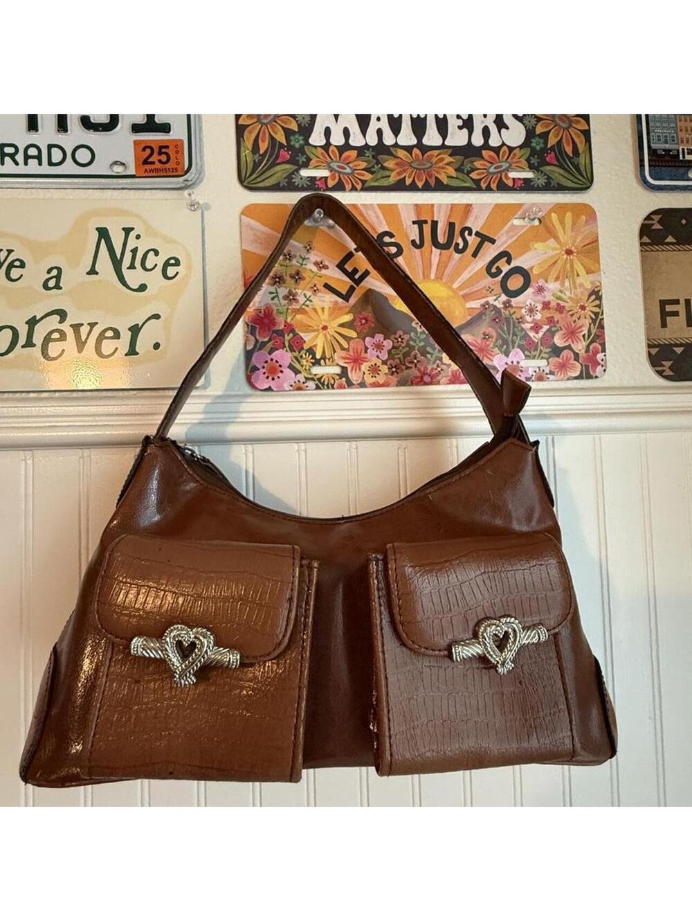 Y2K Brown Croc Heart Hardware Shoulder Bag